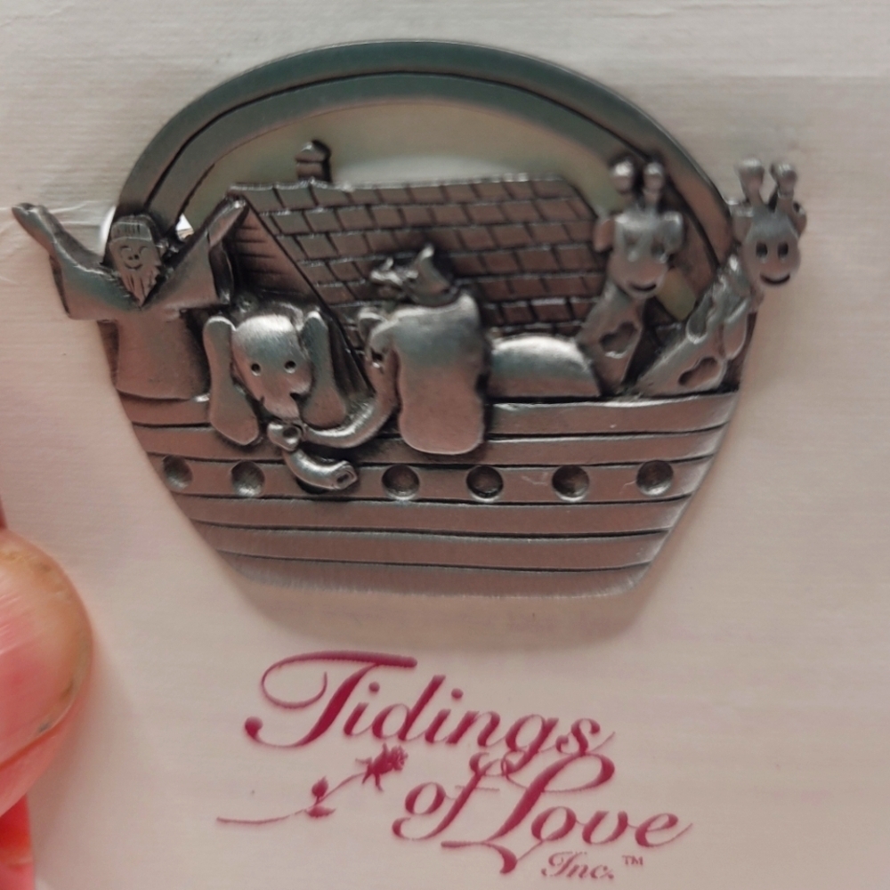 Vintage Jane Signed Statement Pin Brooch Pewter‎ Noahs Ark Biblical Unique RARE